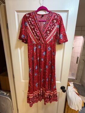 SHEIN Red Floral Maxi Dress with Border Print